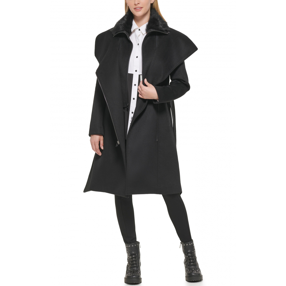 Manteau 'Belted Faux Fur Trim' pour Femmes