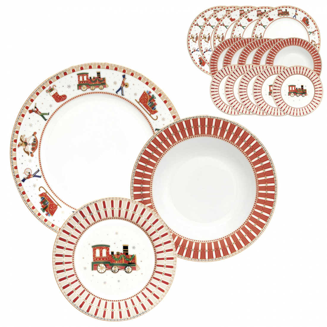 Set Of 18 Porcelain Plates (18 Pieces: 6 Appetizer Plates, 6 Dinner Plates, 6 Soup Plates) Polar Express