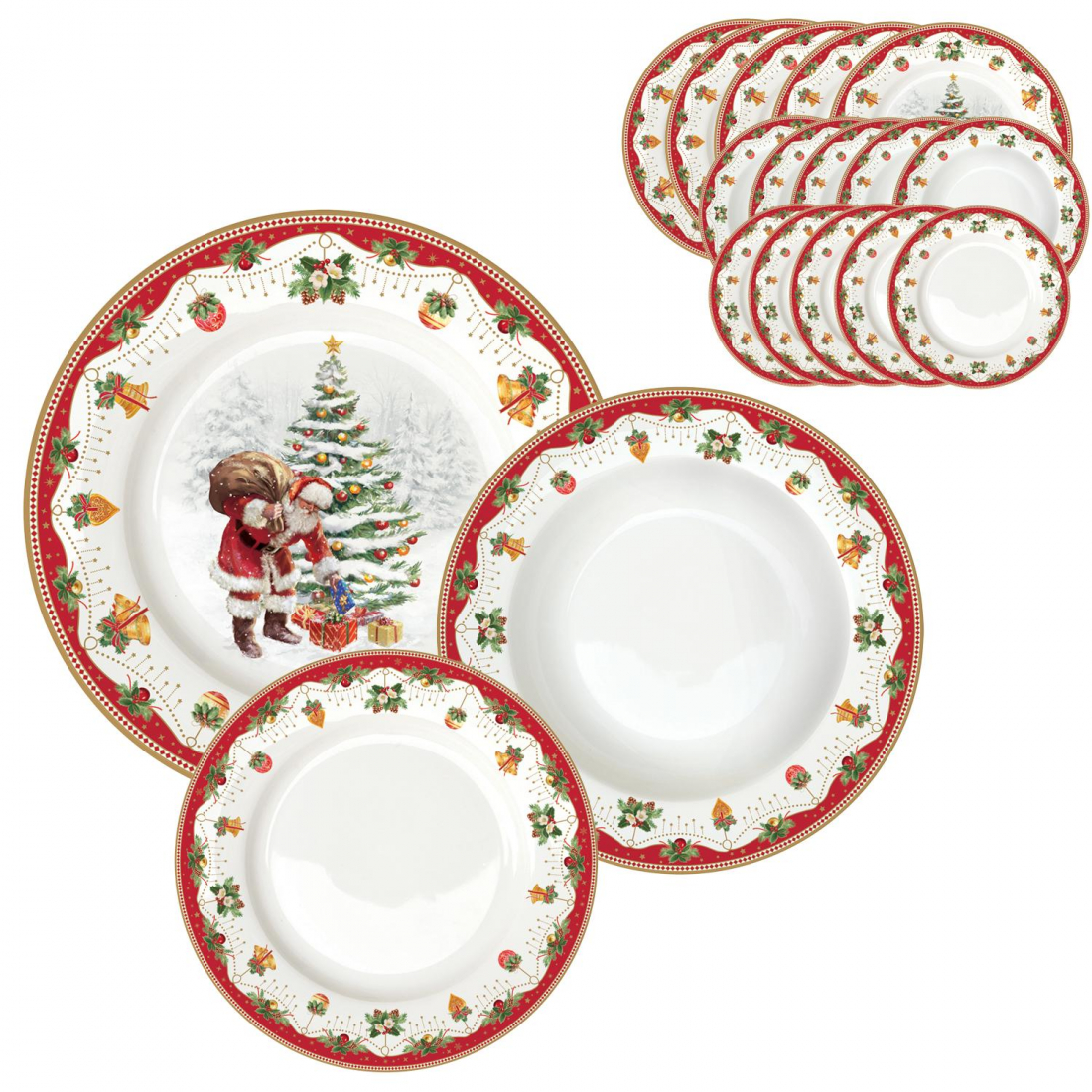 Service De 18 Assiettes En Porcelaine (18 Pièces : 6 Assiettes À Hors-D’Œuvre, 6 Assiettes Plates, 6 Assiettes Creuses) Noël No
