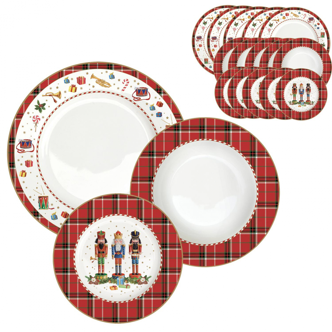 Service De 18 Assiettes En Porcelaine (18 Pièces : 6 Assiettes À Hors-D'Œuvre, 6 Assiettes Plates, 6 Assiettes Creuses) Casse-N