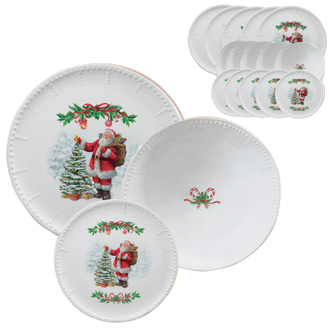 Set Aus 18 Porzellantellern (18 Teile: 6 Vorspeisenteller, 6 Speiseteller, 6 Suppenteller) Natale Incantato