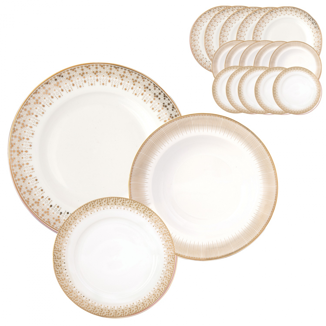 Festliches Set Aus 18 Porzellantellern (18 Teile: 6 Vorspeisenteller, 6 Speiseteller, 6 Suppenteller)