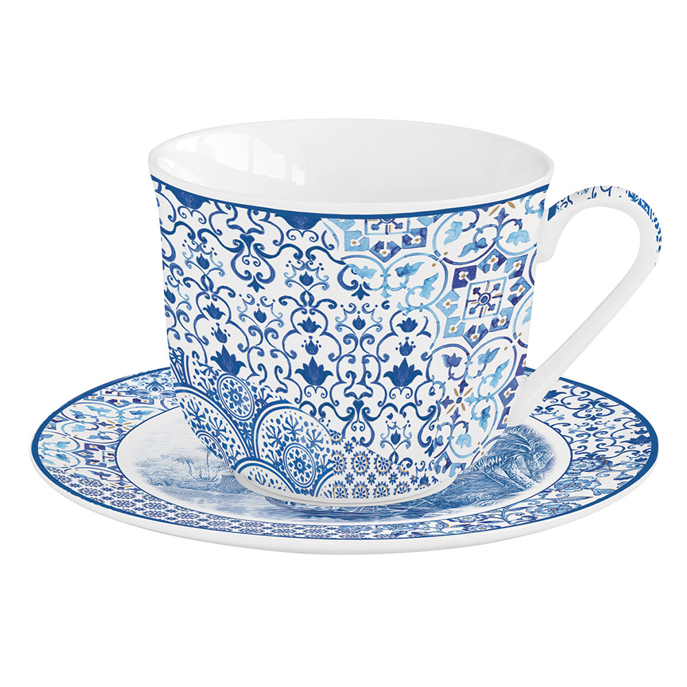 Tasse Et Soucoupe À Petit-Déjeuner En Porcelaine 370 ml, Coffret Couleur Indigo