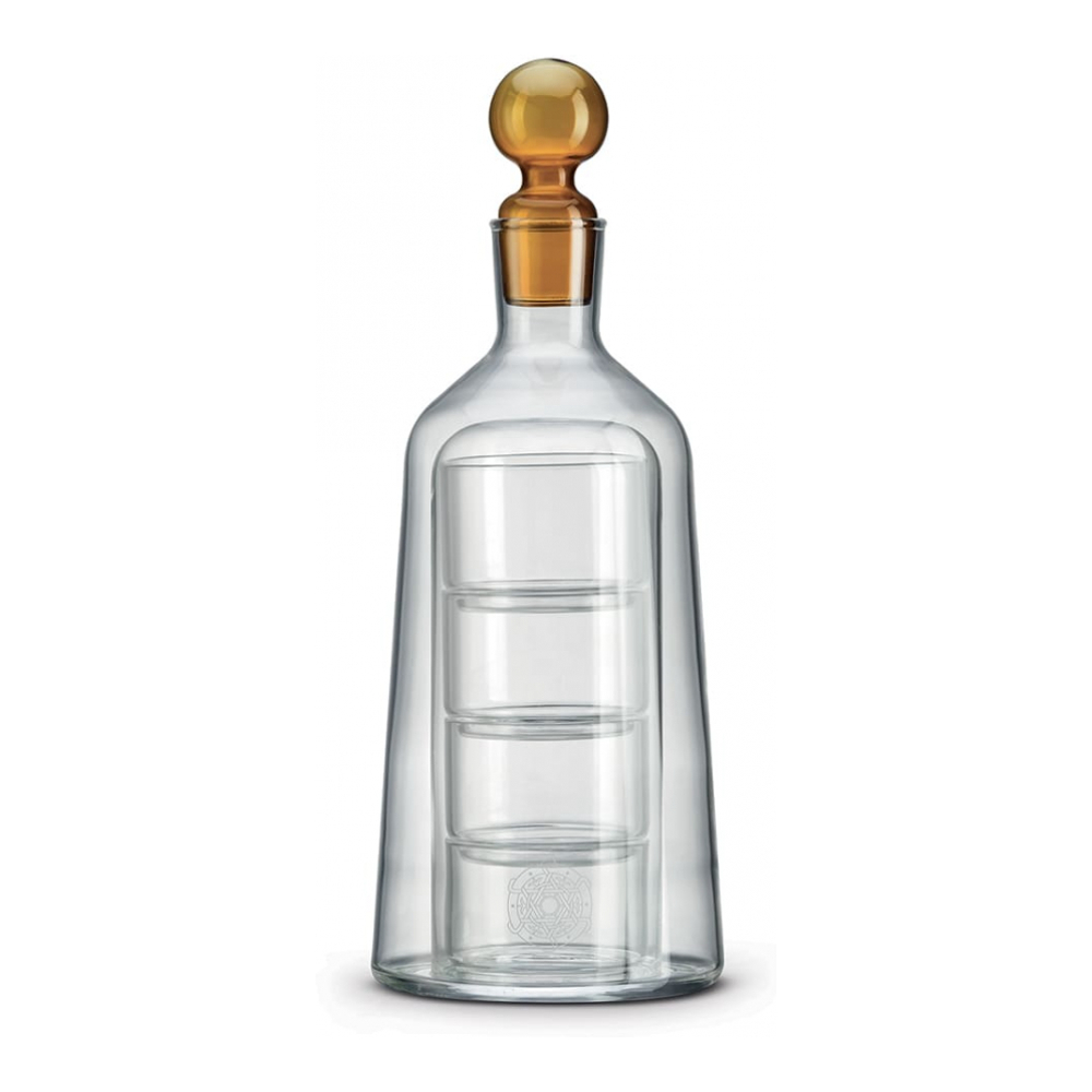 Dekanter Mit 4 Gläsern Und Bernsteinfarbenem Stöpsel