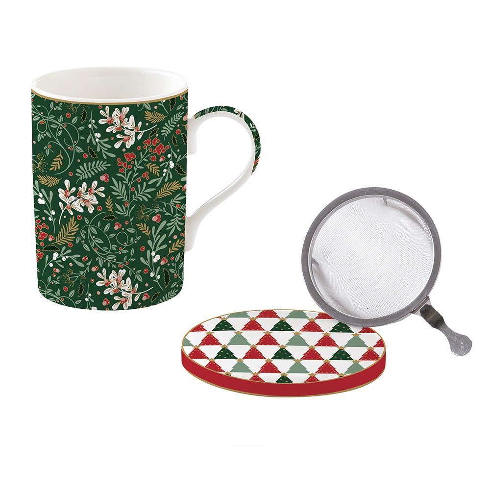 High Quality Fine China Mug 350 ml With Lid And Metal Infuser In Colour Box Fancy Christmas