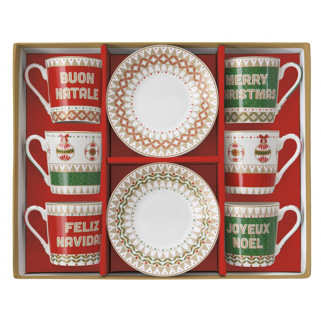 Service De 6 Tasses À Café Et Soucoupes En Porcelaine De 100 ml Dans Un Coffret Cadeau. Joyeux Noël !