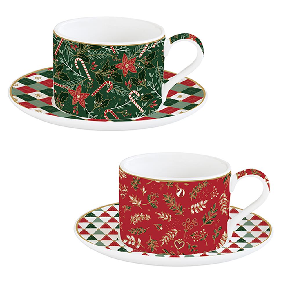 Ensemble De 2 Tasses En Porcelaine De 240 ml Avec Soucoupes, Présenté Dans Un Élégant Coffret Cadeau De Noël.
