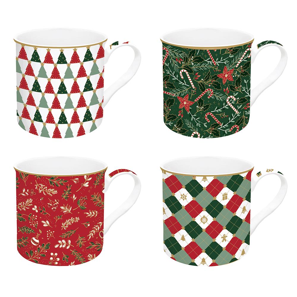 Set Of 4 Mugs 300 ml In Fine China Porcelain In Fancy Christmas Gift Box