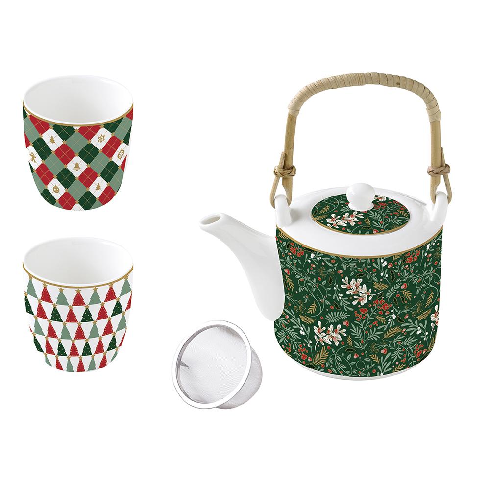 Théière En Porcelaine 600 ml Avec Infuseur En Métal Et 2 Tasses 160 ml - Collection Noël Chic