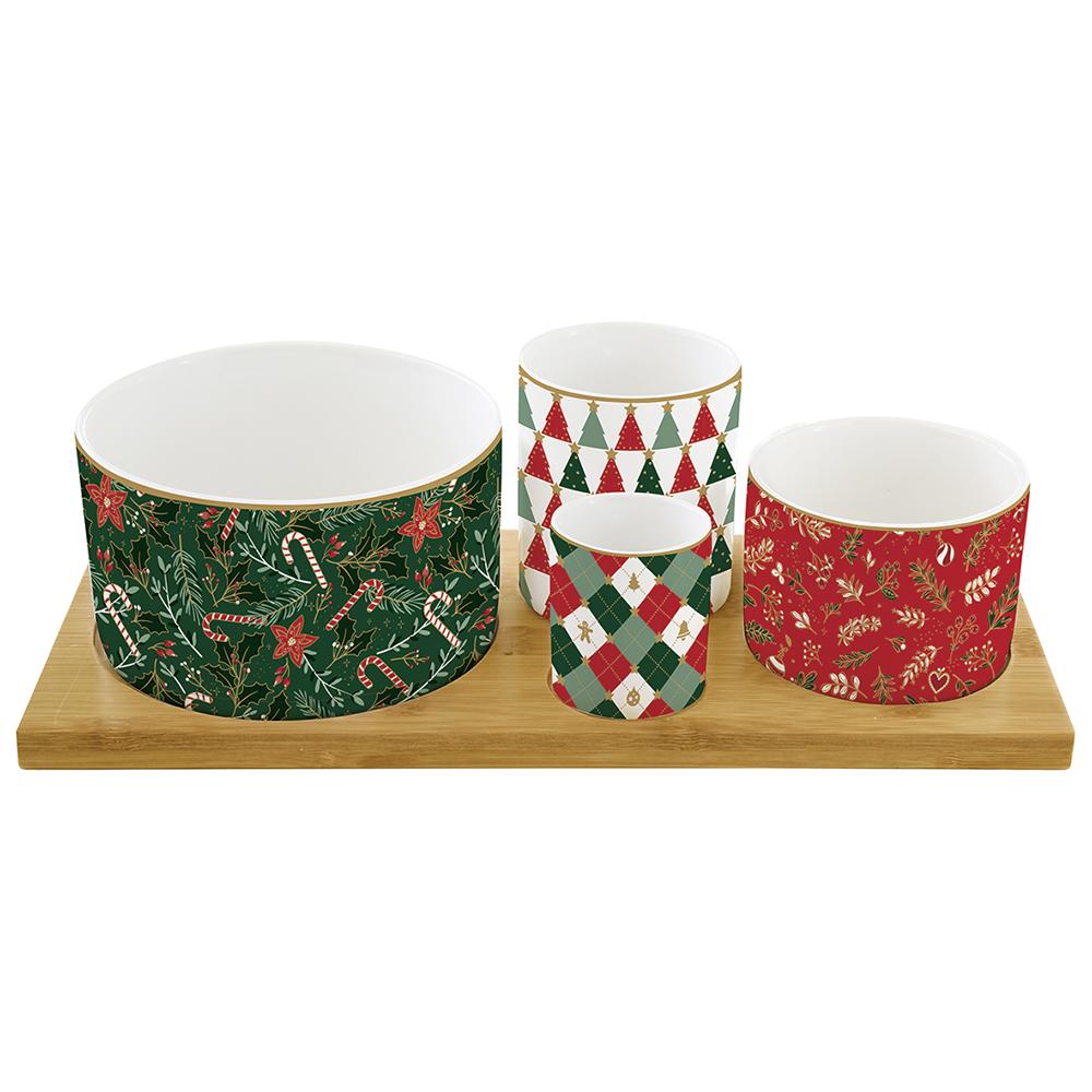 Bambus-Dip-Set 29x13 Mit 4 Runden Porzellanschalen In Farbiger Geschenkbox Fancy Christmas