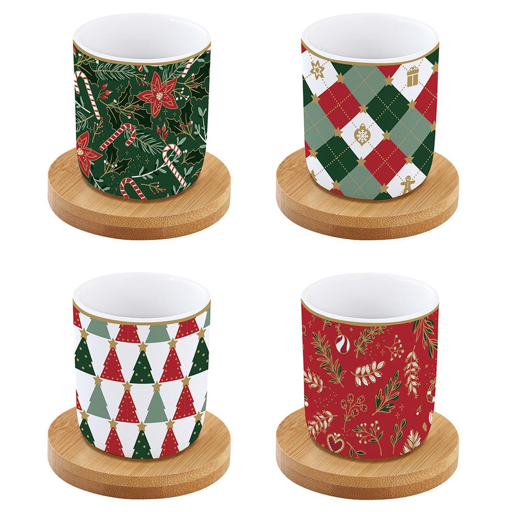 Coffret Cadeau Fancy Christmas De 4 Tasses À Café De 110 ml Avec Soucoupes En Bambou