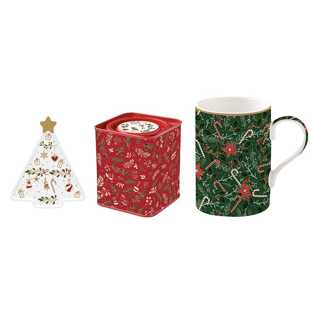 Coffret Cadeau « Fancy Christmas » Comprenant Une Tasse En Porcelaine, Un Repose-Sachet De Thé Et Une Boîte En Métal.