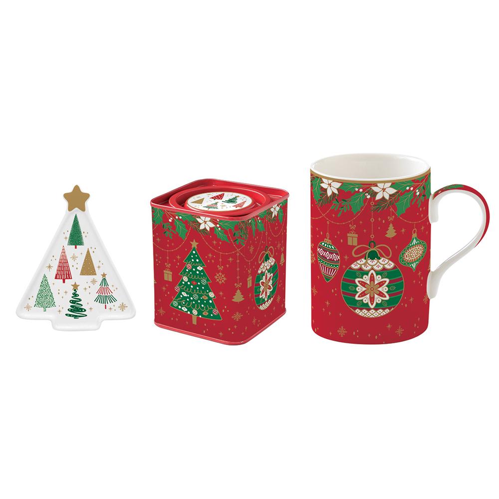 Set Of Porcelain Mug + Tea Bag Rest And Tin Box In Gift Box Jingle Bells