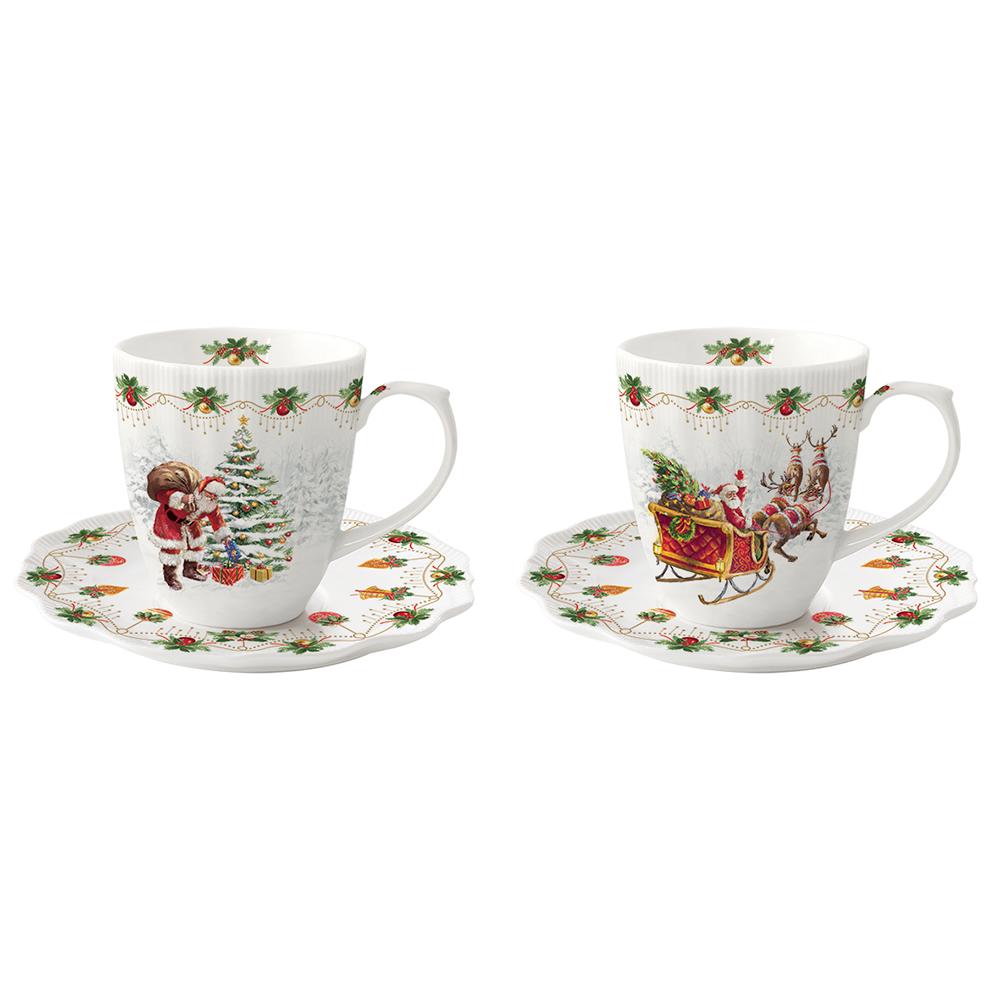 Set Of 2 110ml Porcelain Coffee Cups And Saucers In A Nostalgic Christmas Gift Box