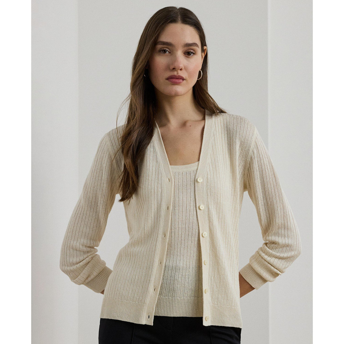 'Rib-Knit Linen-Blend V-Neck Cardigan' pour Femmes