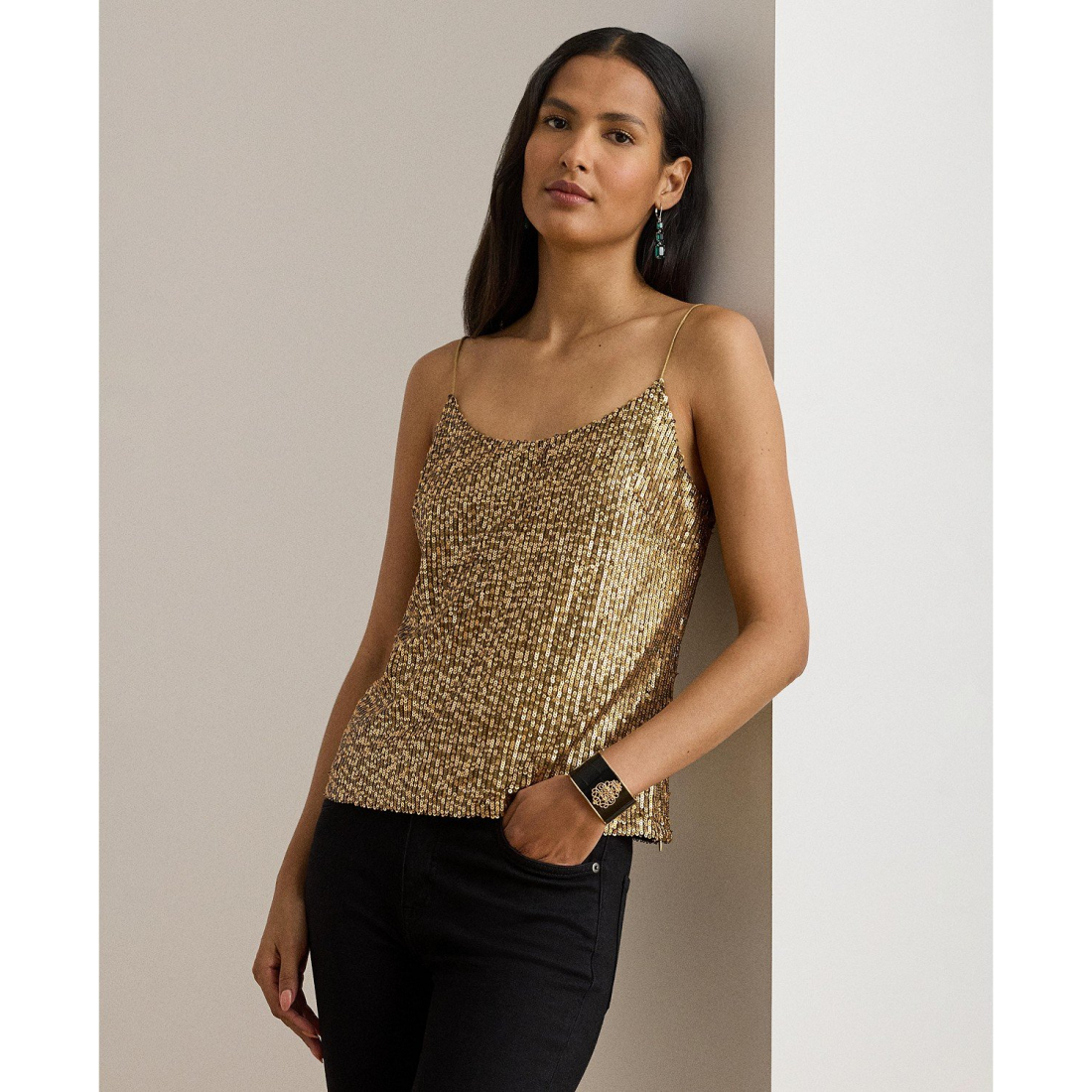 'Hatita Sequined Mesh Spaghetti Strap Camisole Top' pour Femmes