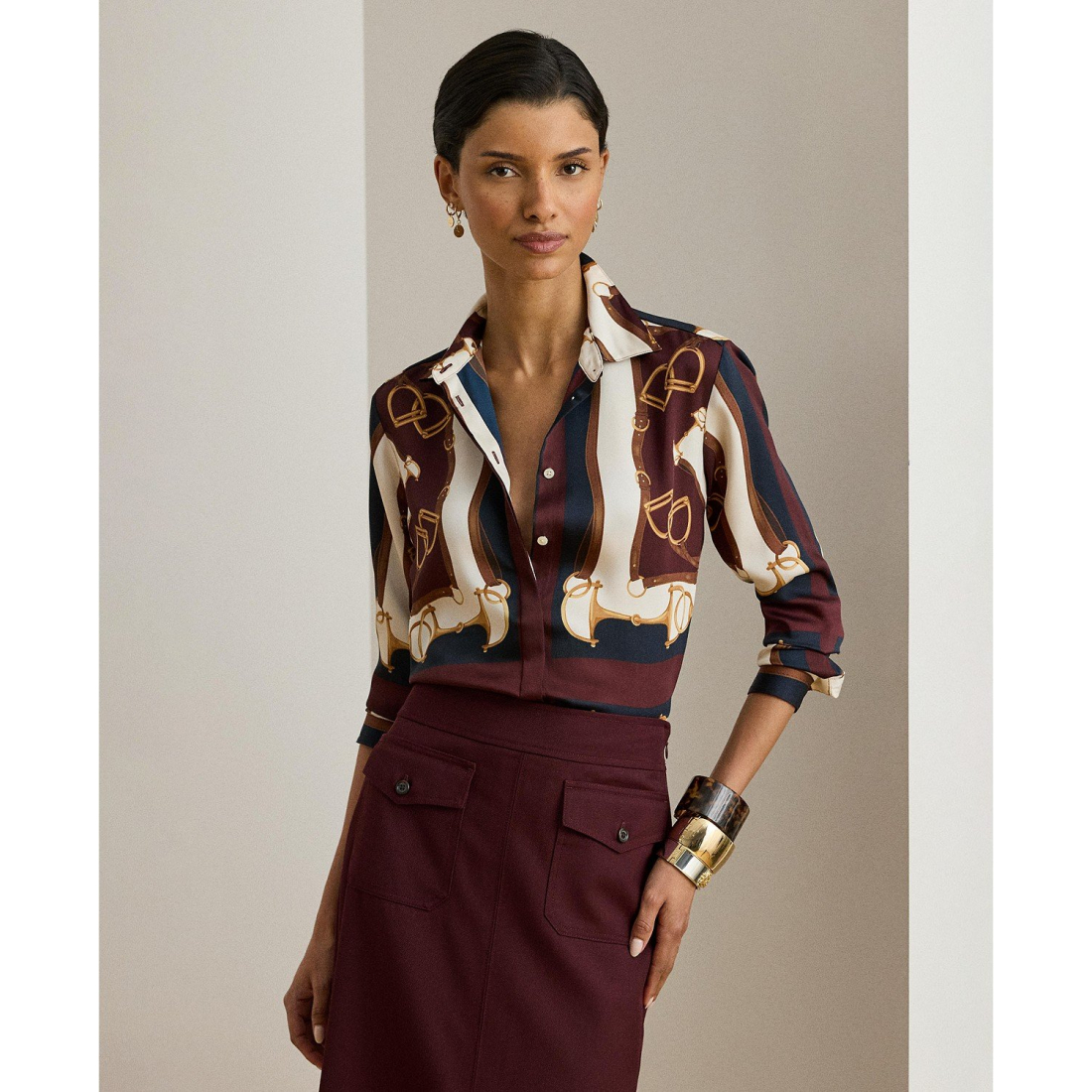 'Kristy Equestrian Print Button Front Shirt' pour Femmes