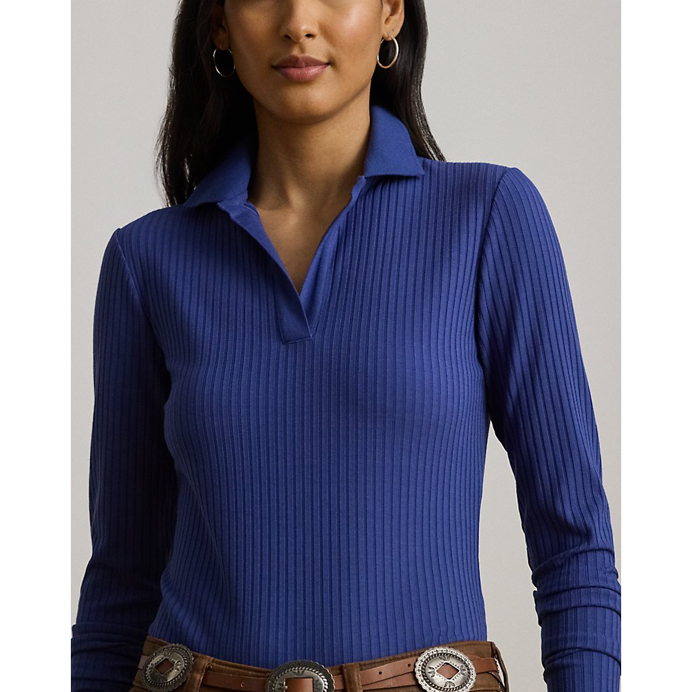 'Rib-Knit Long-Sleeve Polo Top' pour Femmes