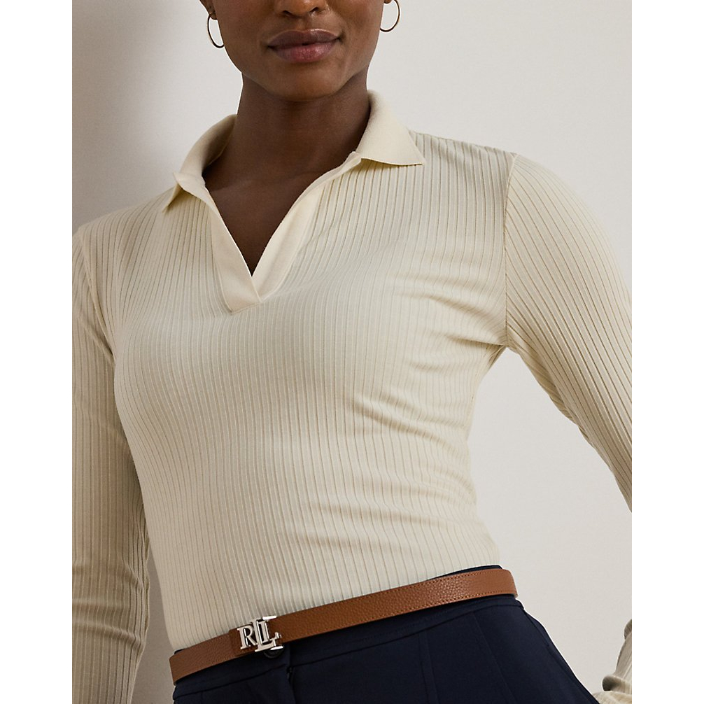 'Rib-Knit Long-Sleeve Polo Top' pour Femmes