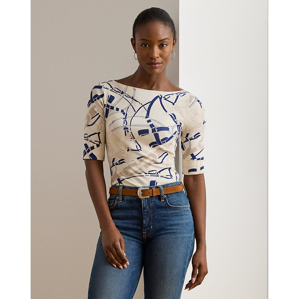 'Belting-Print Cotton Boatneck Tee' pour Femmes