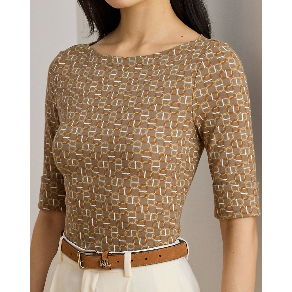 'Geo-Print Stretch Cotton Boatneck Tee' pour Femmes