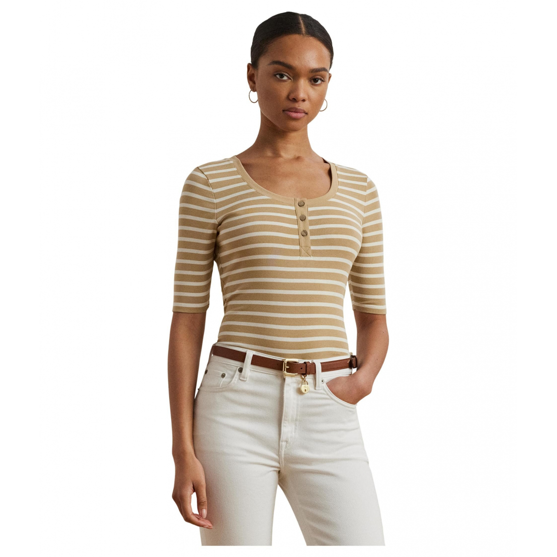 'Striped Elbow-sleeve Henley Top' pour Femmes