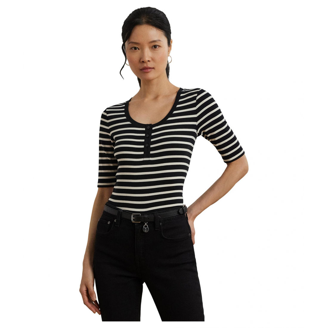 'Striped Elbow-sleeve Henley Top' pour Femmes