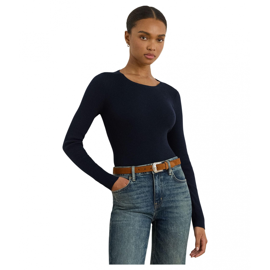 'Rib-Knit Cotton-Blend Crew Neck Sweater' pour Femmes