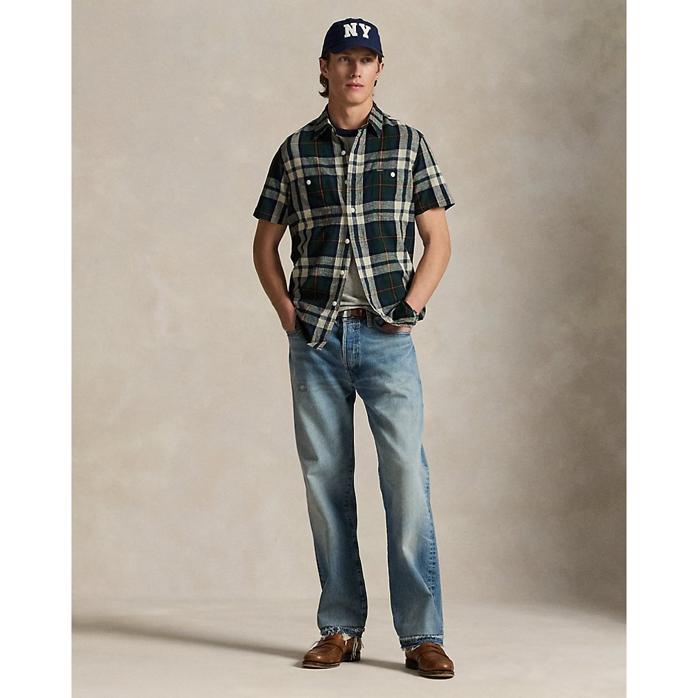 'Classic Fit Plaid Linen-Cotton Shirt' pour Hommes