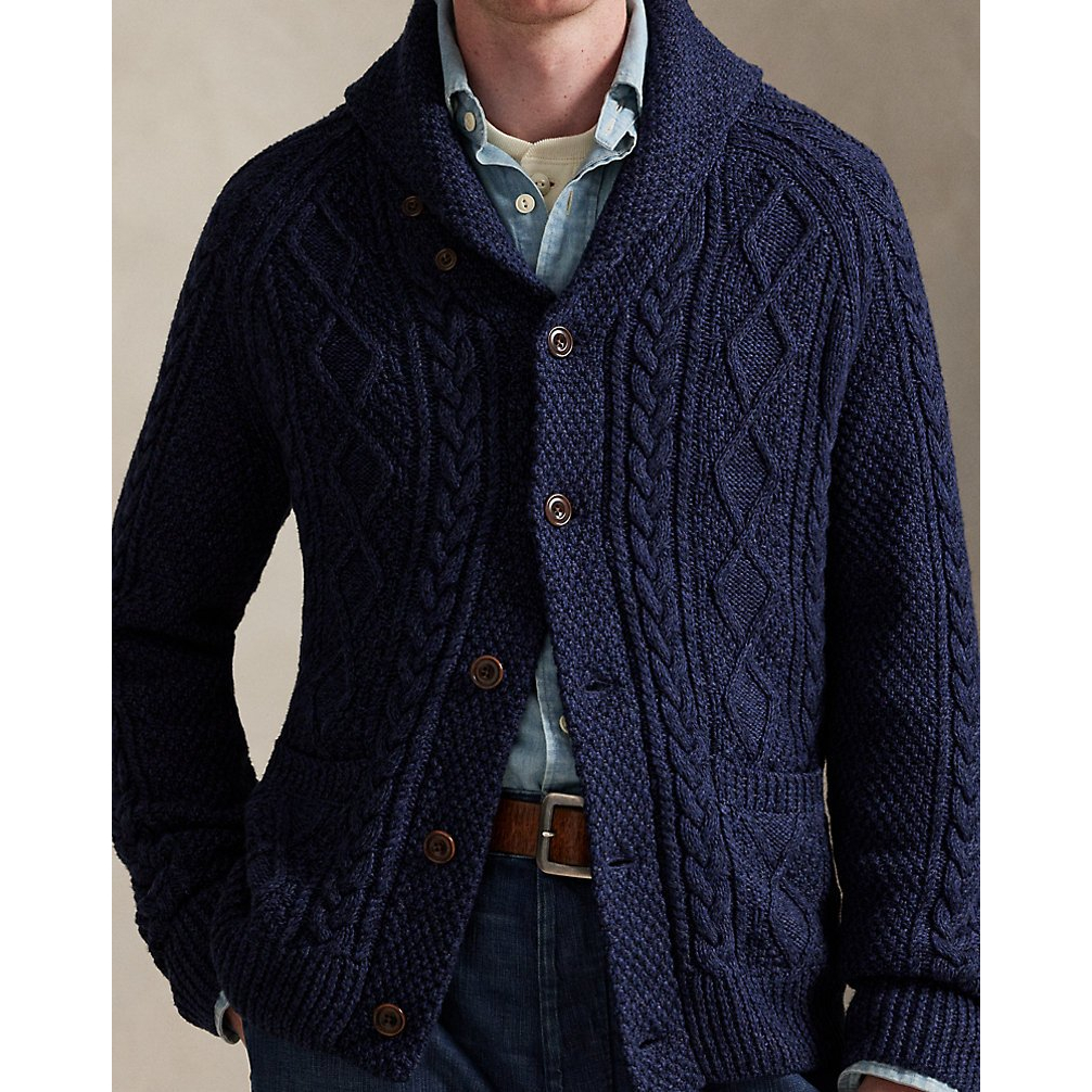 'Aran-Knit Cotton Shawl-Collar Cardigan' pour Hommes