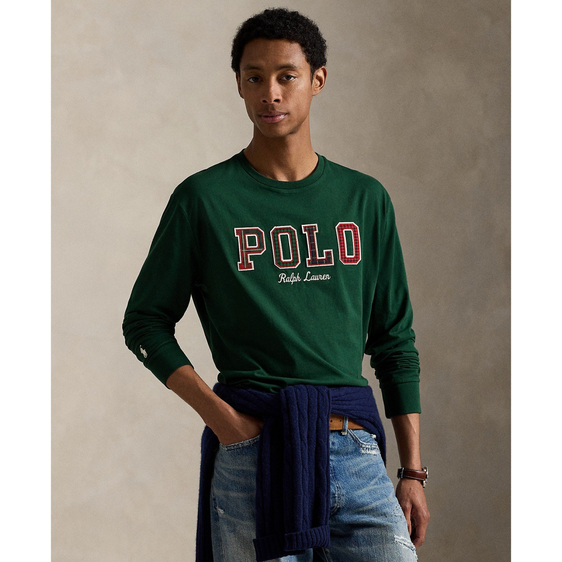 'Long-Sleeve Plaid-Logo Applique T-Shirt' pour Hommes