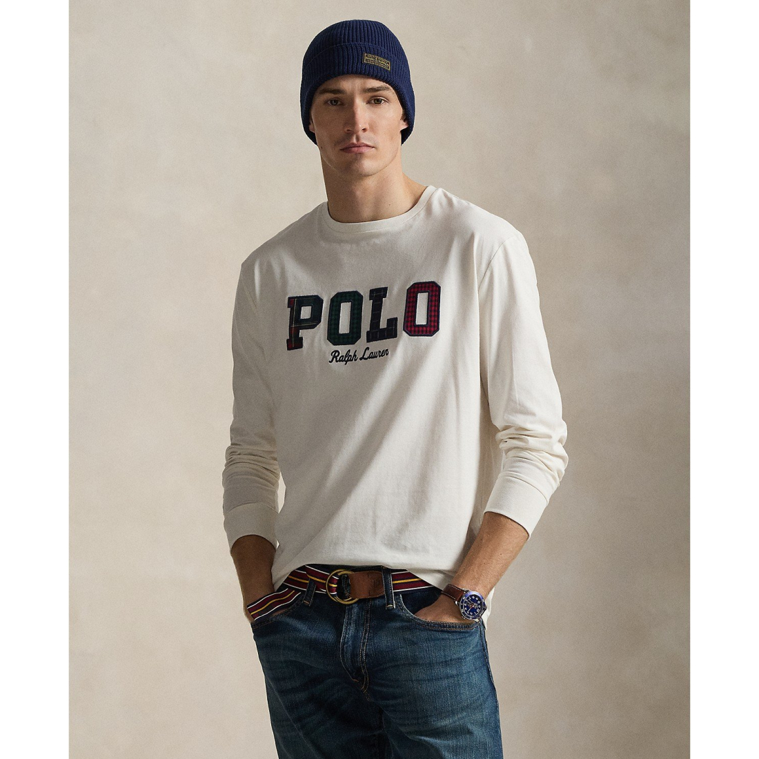 'Long-Sleeve Plaid-Logo Applique T-Shirt' pour Hommes