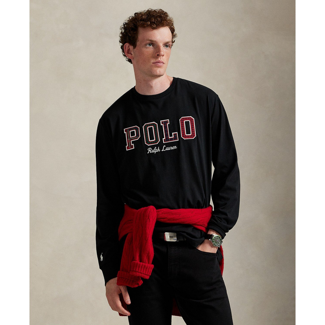 'Long-Sleeve Plaid-Logo Applique T-Shirt' pour Hommes