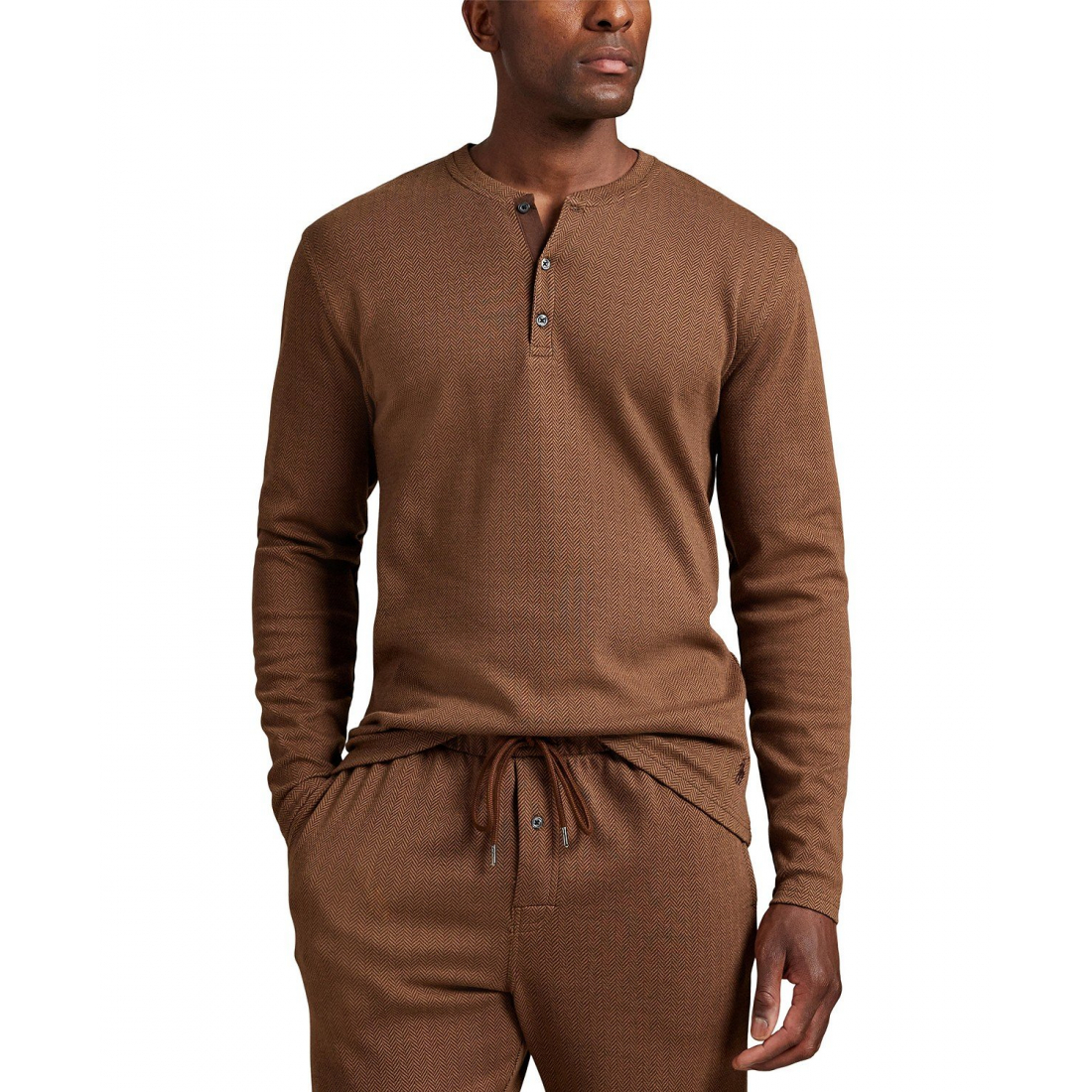 'Long Sleeve Herringbone Henley Sleep Shirt' pour Hommes