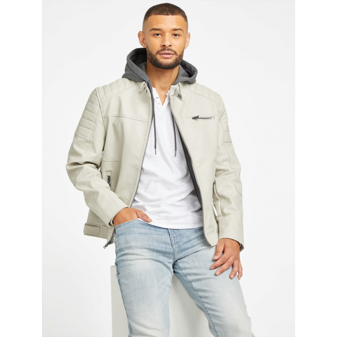 'Davino Faux-Leather Hooded Moto Jacket' pour Hommes