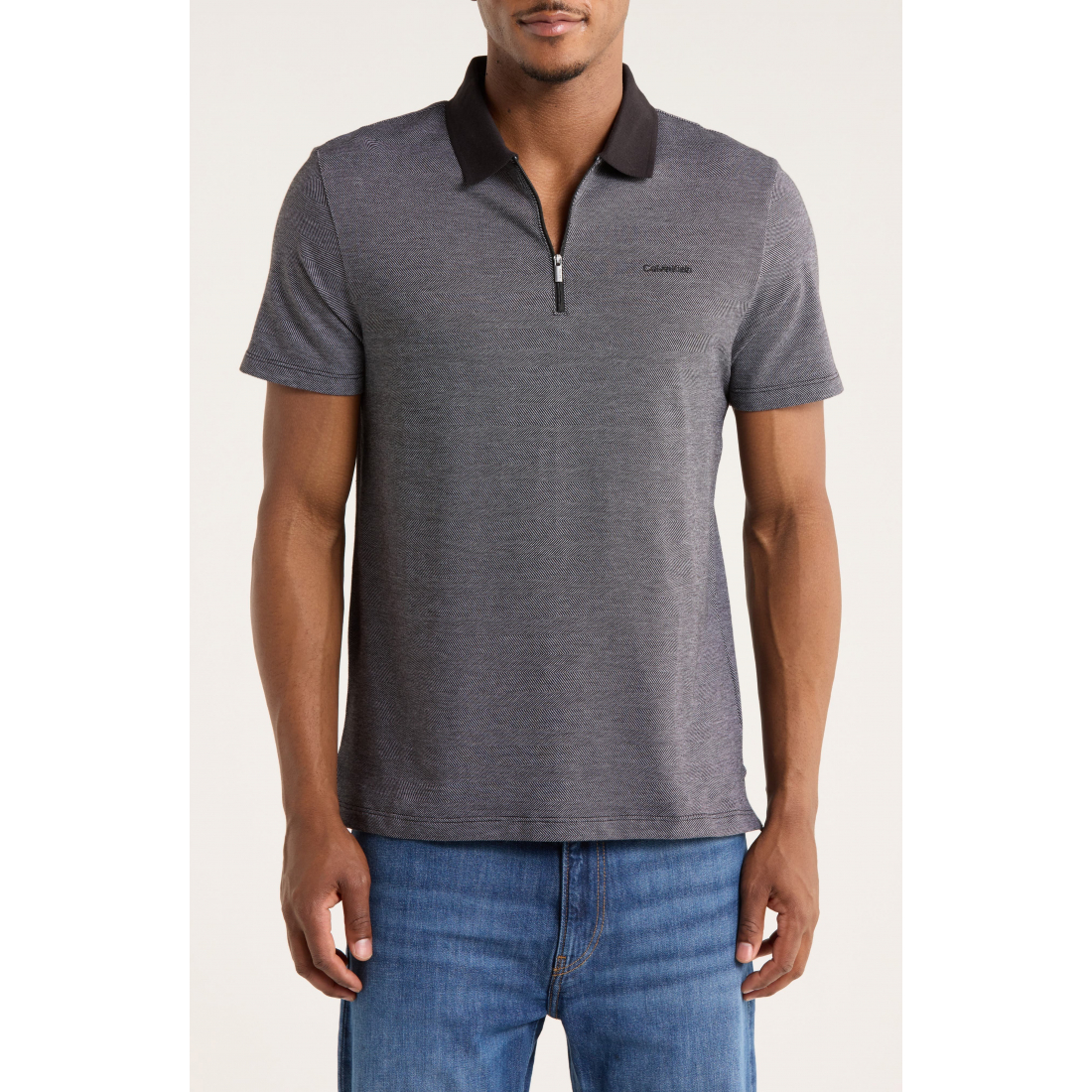 'Iconic Herringbone Cotton Zip Polo' pour Hommes