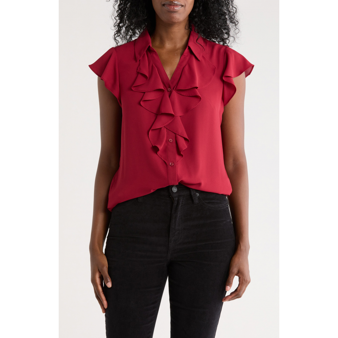 'Cap Sleeve Ruffle Button-Up Top' pour Femmes