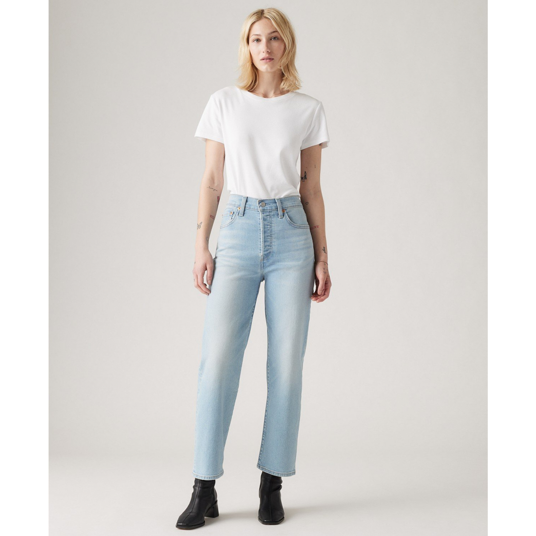'Rib cage High Rise Straight Ankle Jeans' pour Femmes