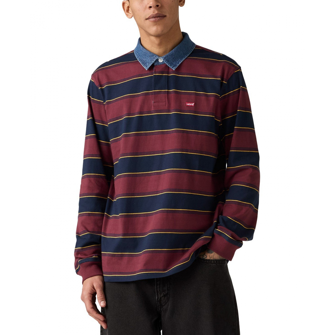 'Relaxed-Fit Long Sleeve Striped Rugby Polo Shirt' pour Hommes