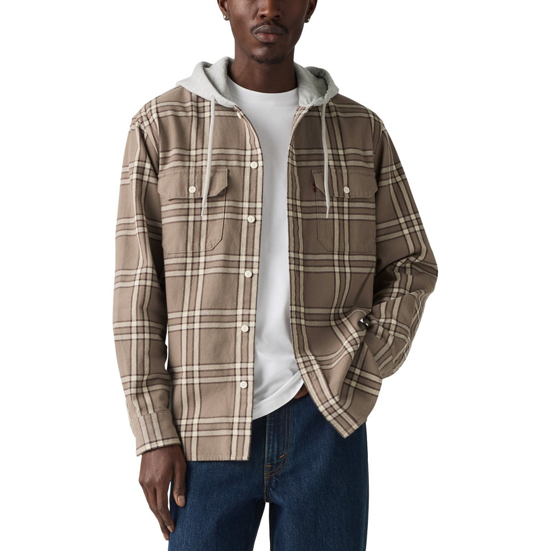'Relaxed Fit Hooded Long Sleeve Button-Front Overshirt' pour Hommes