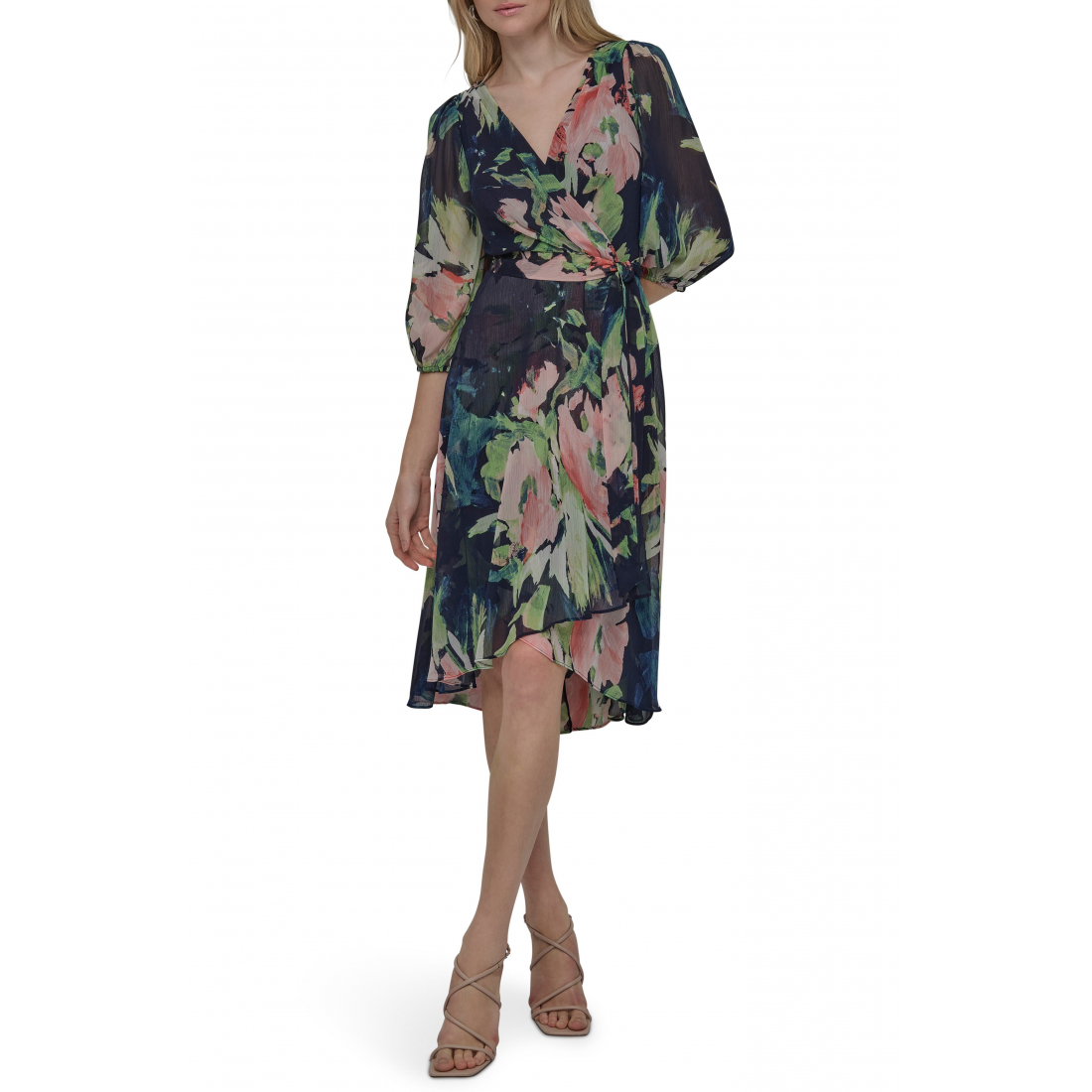 Robe Midi 'Floral Balloon Sleeve Faux Wrap' pour Femmes