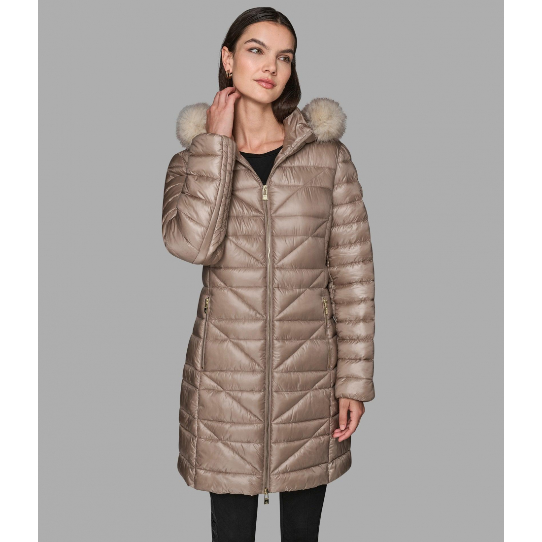 'Mid-Length Puffer With Faux Fur Trim' pour Femmes