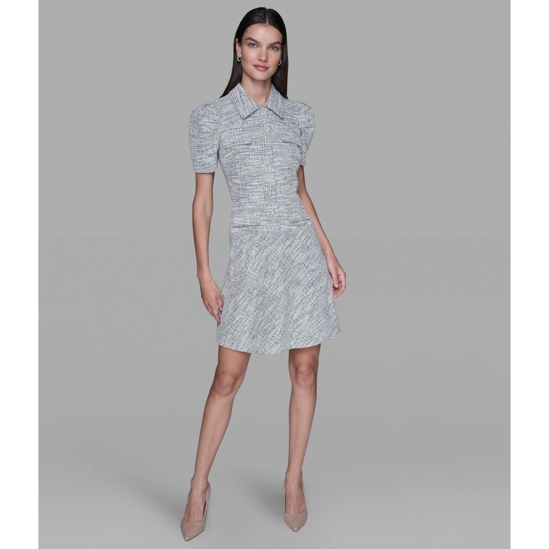 'Tweed Knit A-Line Dress With Puff Sleeves' für Damen