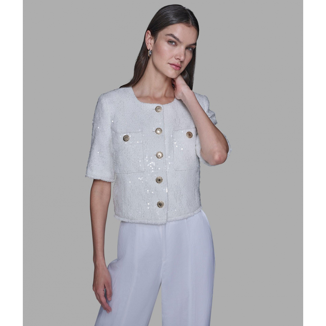 'Short Sleeve Shimmer Tweed Jacket' pour Femmes