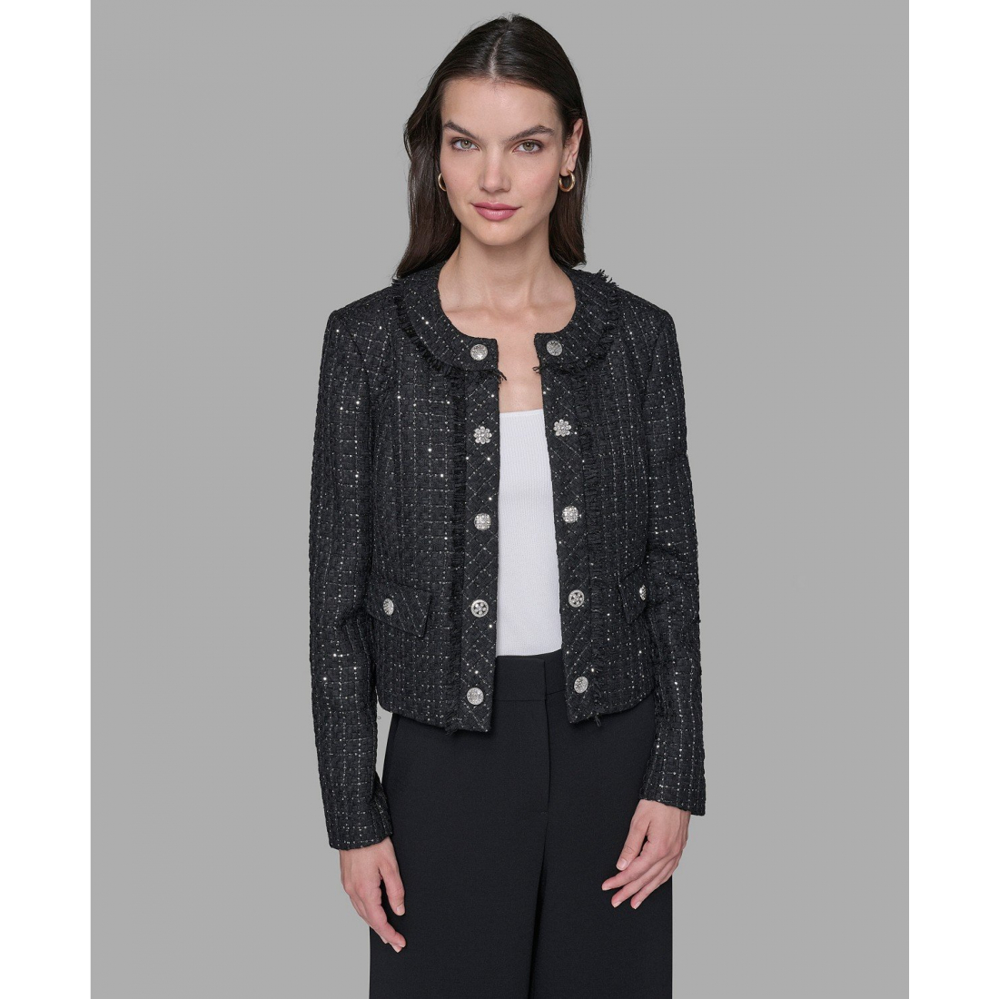 'Cropped Collarless Tweed Jacket' für Damen
