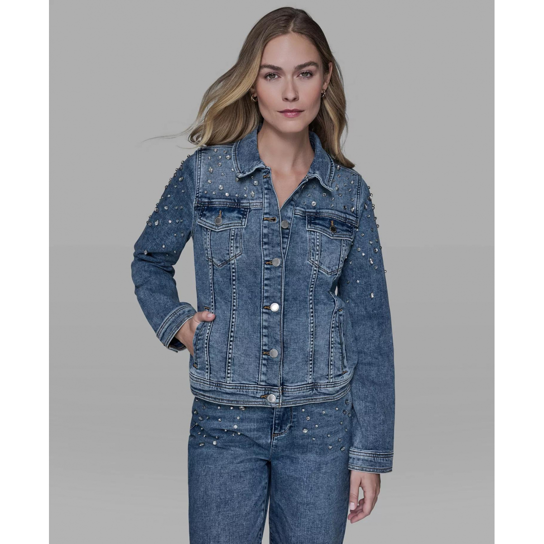 'Button Front Embellished Denim Jacket' für Damen