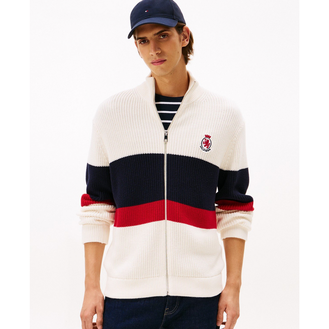 'Crest Logo Patch Zip-Through Stripe Sweater' pour Hommes