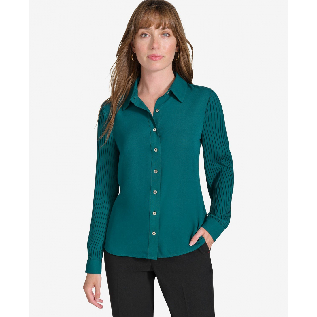 'Pleated Long Sleeve Button Down' pour Femmes