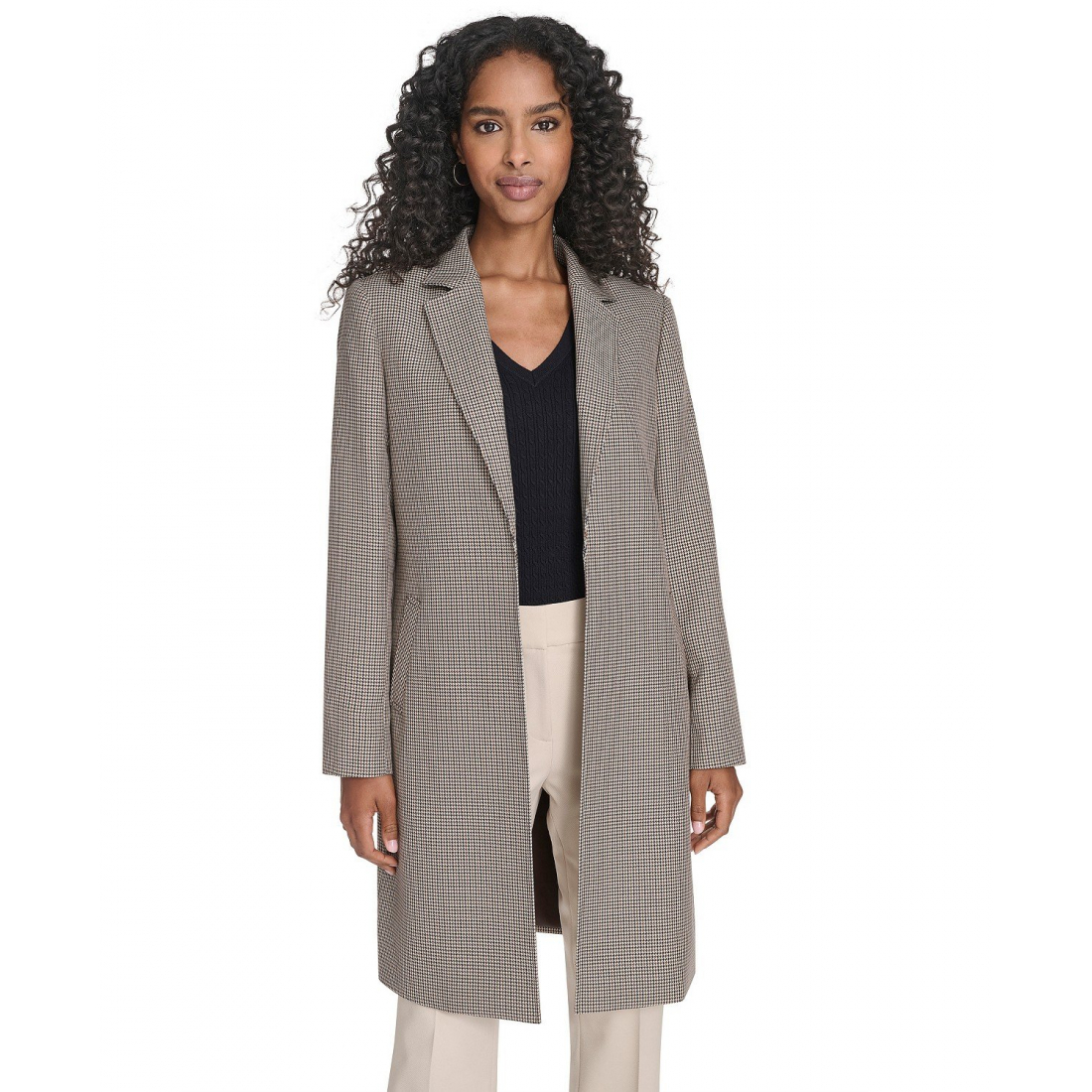 'Houndstooth Pattern Topper Long Jacket' pour Femmes