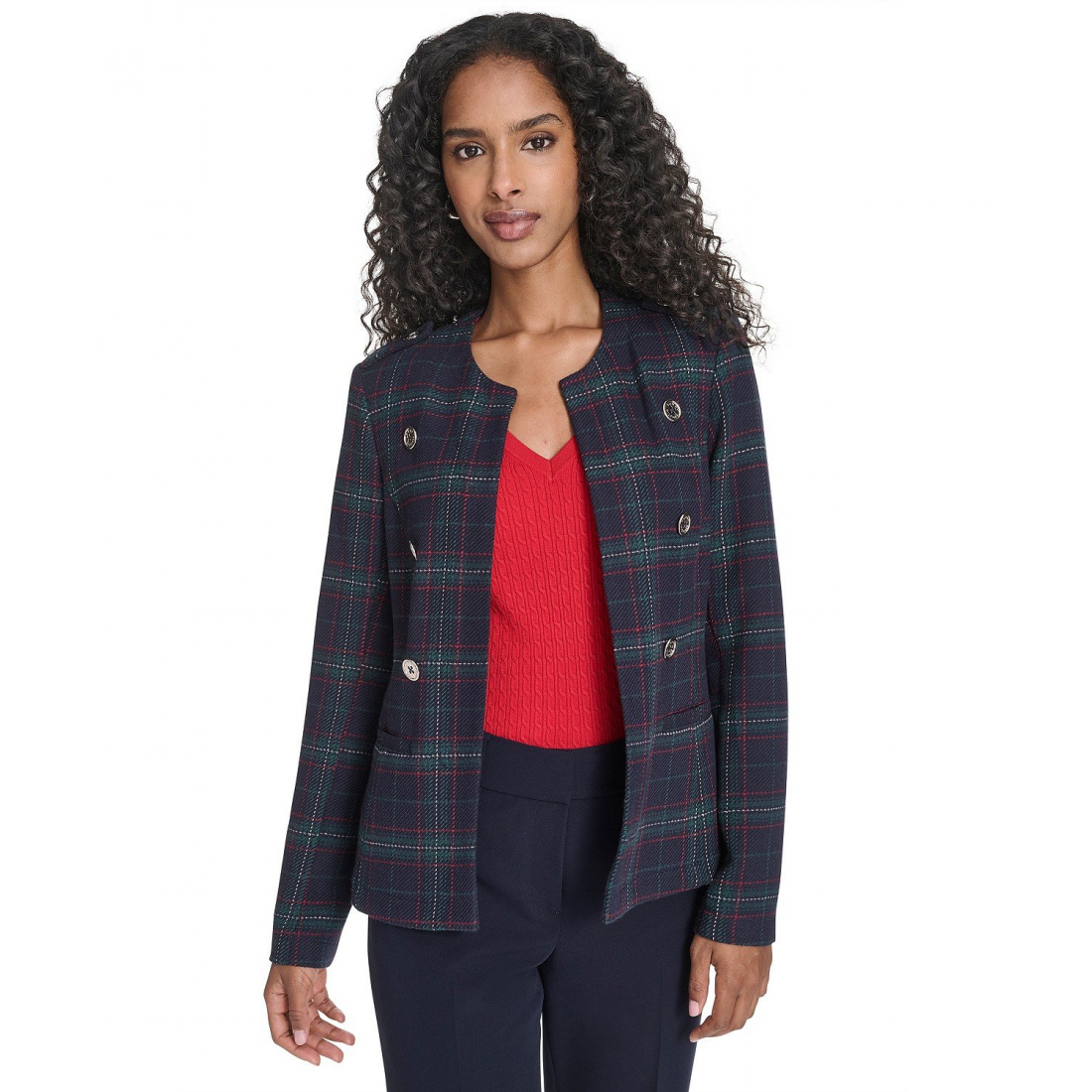 'Windowpane Open Front Band Jacket' pour Femmes